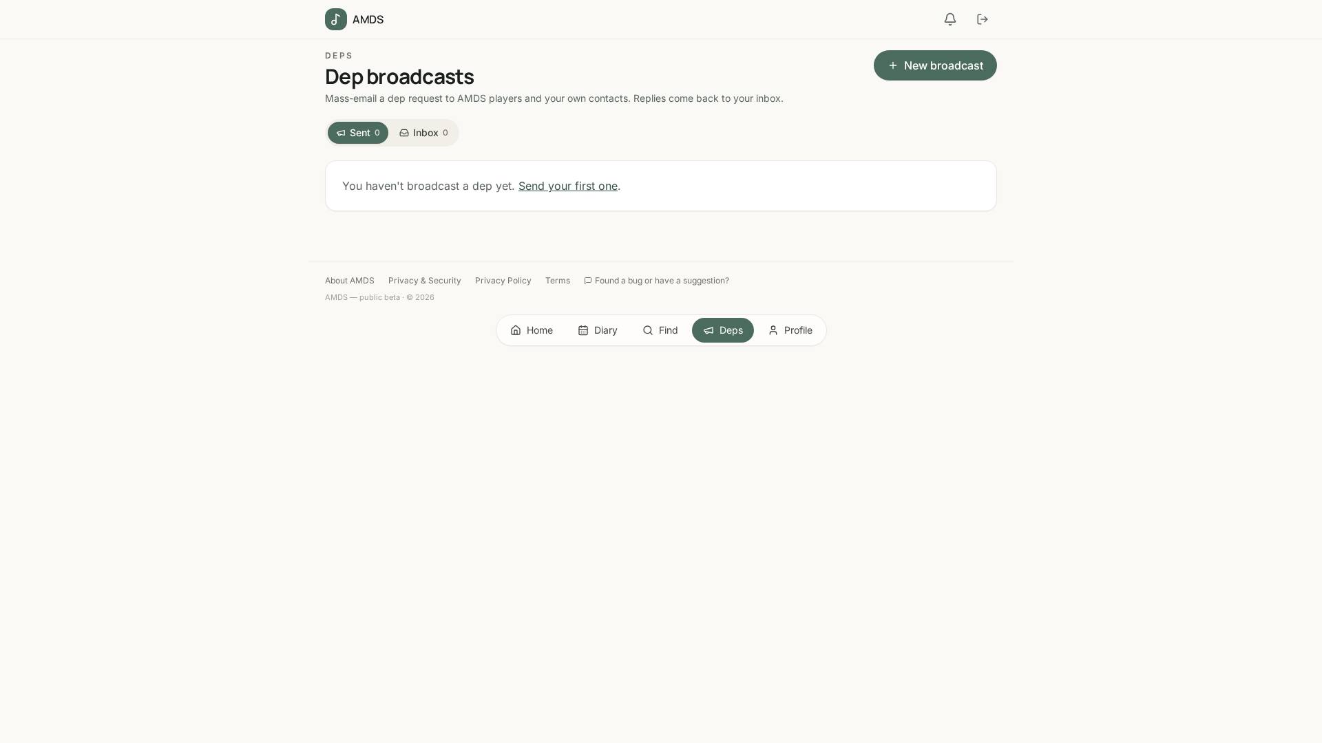 AMDS dep board — a list of open dep requests filtered to the musician's own instrument, with venue, fee and date.