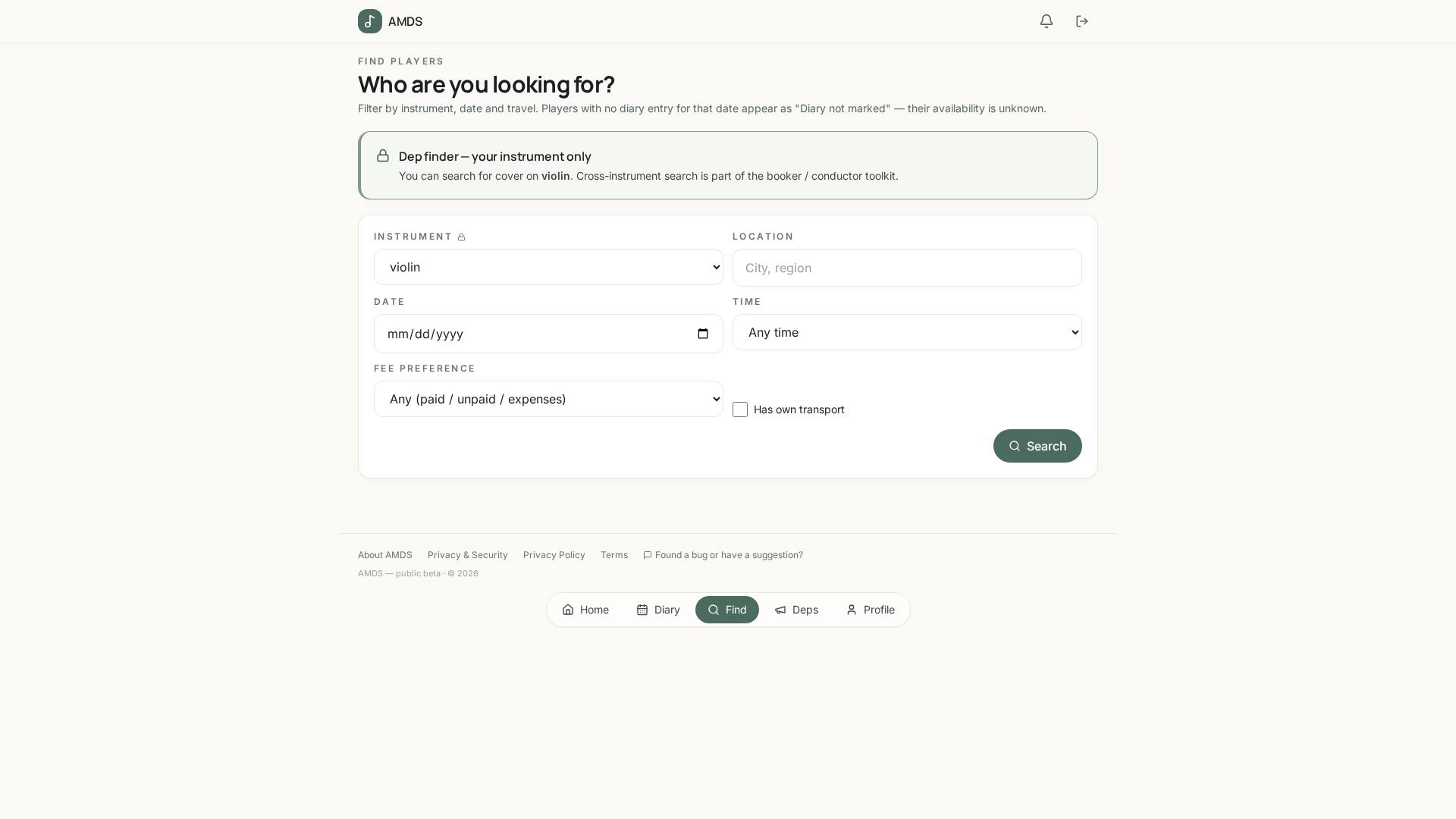 AMDS musician search — availability at a glance across a chosen date, showing available, tentative and unavailable players by instrument and location.